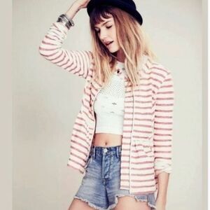 Free People Red White Striped Peplum Zip Up Jacket size small